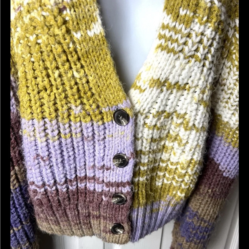 MOON RIVER Anthropologie Chunky Cardigan Sweater Boho Fuzzy Purple Green XS